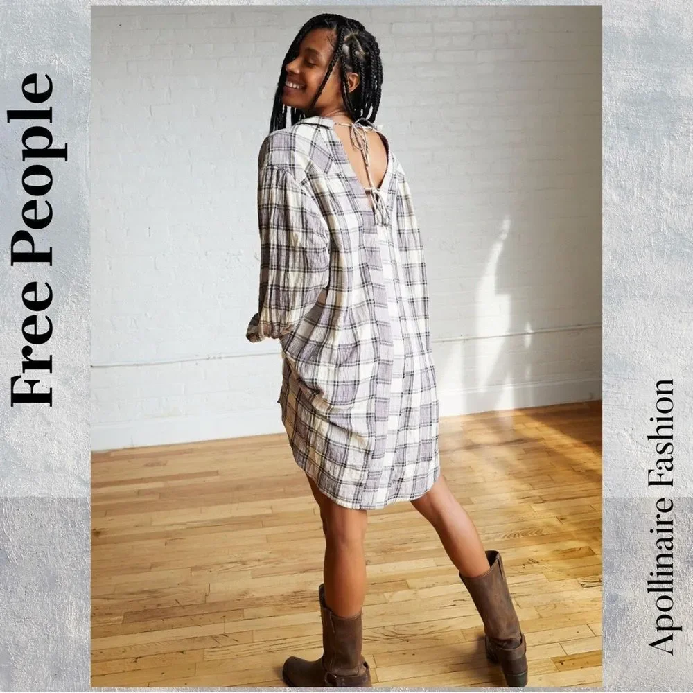 Free People Purple and Yellow Plaid Button-Down Tunic Large NWOT